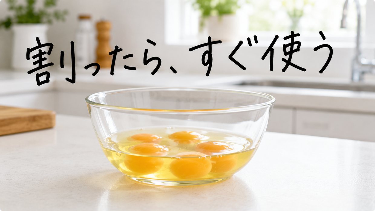 ボウルに割り入れた生卵。割ったらそのまま置かず、すぐ使うことを手描きで示す