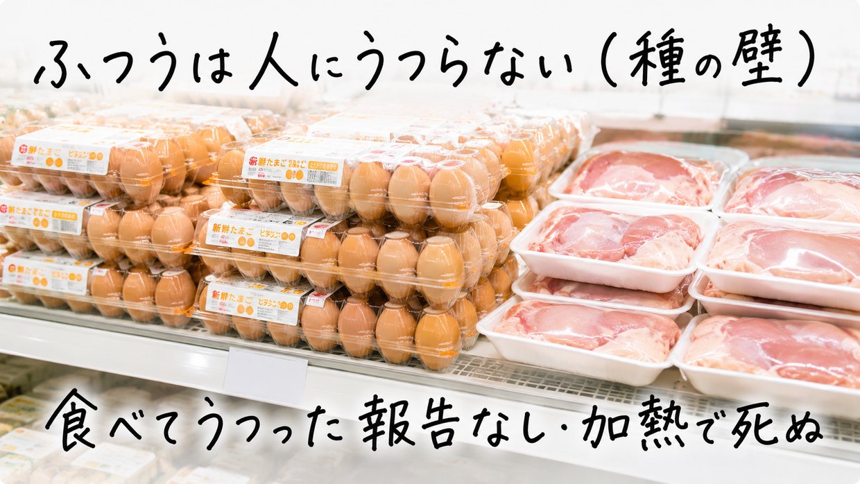 スーパーの売り場に並ぶパック入りの卵と鶏肉の実写写真に、手書きの文字で「ふつうは人にうつらない(種の壁)」「食べてうつった報告なし・加熱で死ぬ」と書かれている。