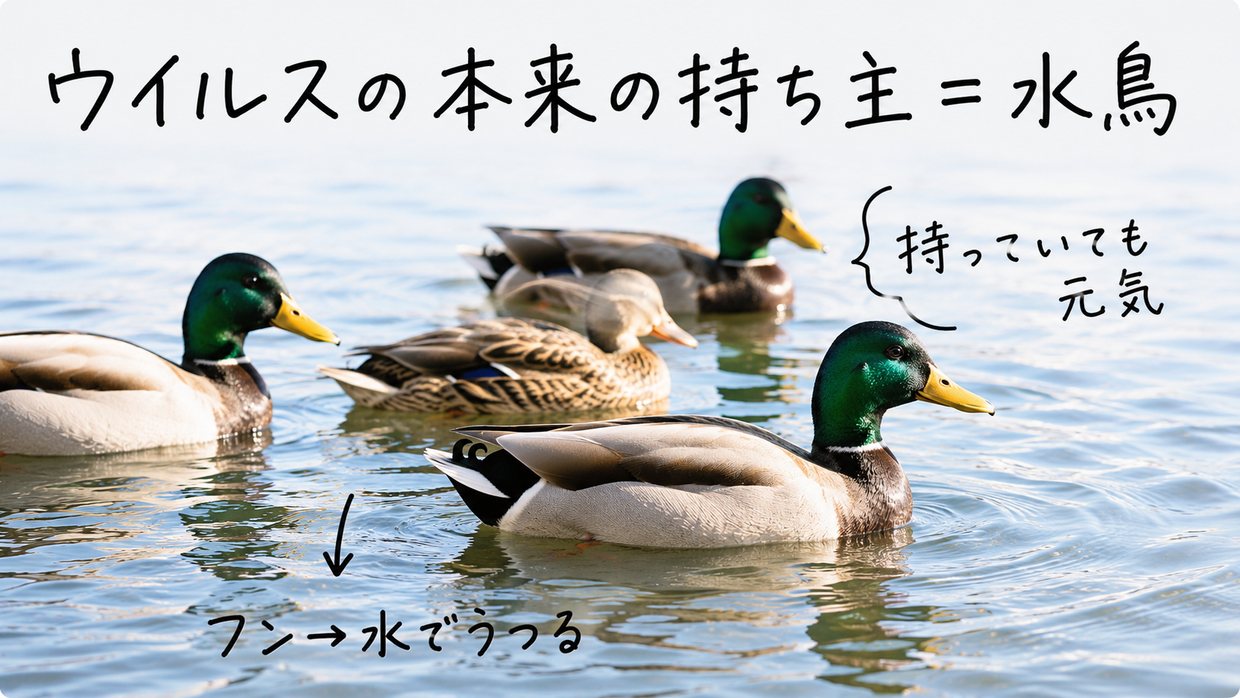 湖に集まるカモの群れの実写写真に、手書きの文字で「ウイルスの本来の持ち主=水鳥」「持っていても元気」、フンから水へ広がる矢印に「フン→水でうつる」と書かれている。
