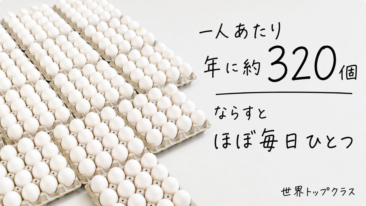 卵が並んだ実写写真に、手書きの文字で「一人あたり 年に約320個」「ならして ほぼ毎日ひとつ」「世界トップクラス」と書かれている。