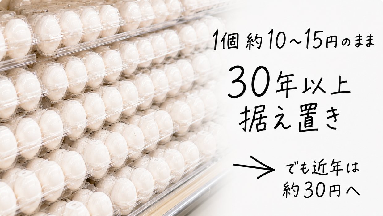 スーパーの棚にならぶ卵パックの実写写真に、手書きの文字で「1個 約10〜15円のまま」「30年以上 据え置き」「近年は約30円へ」と書かれている。